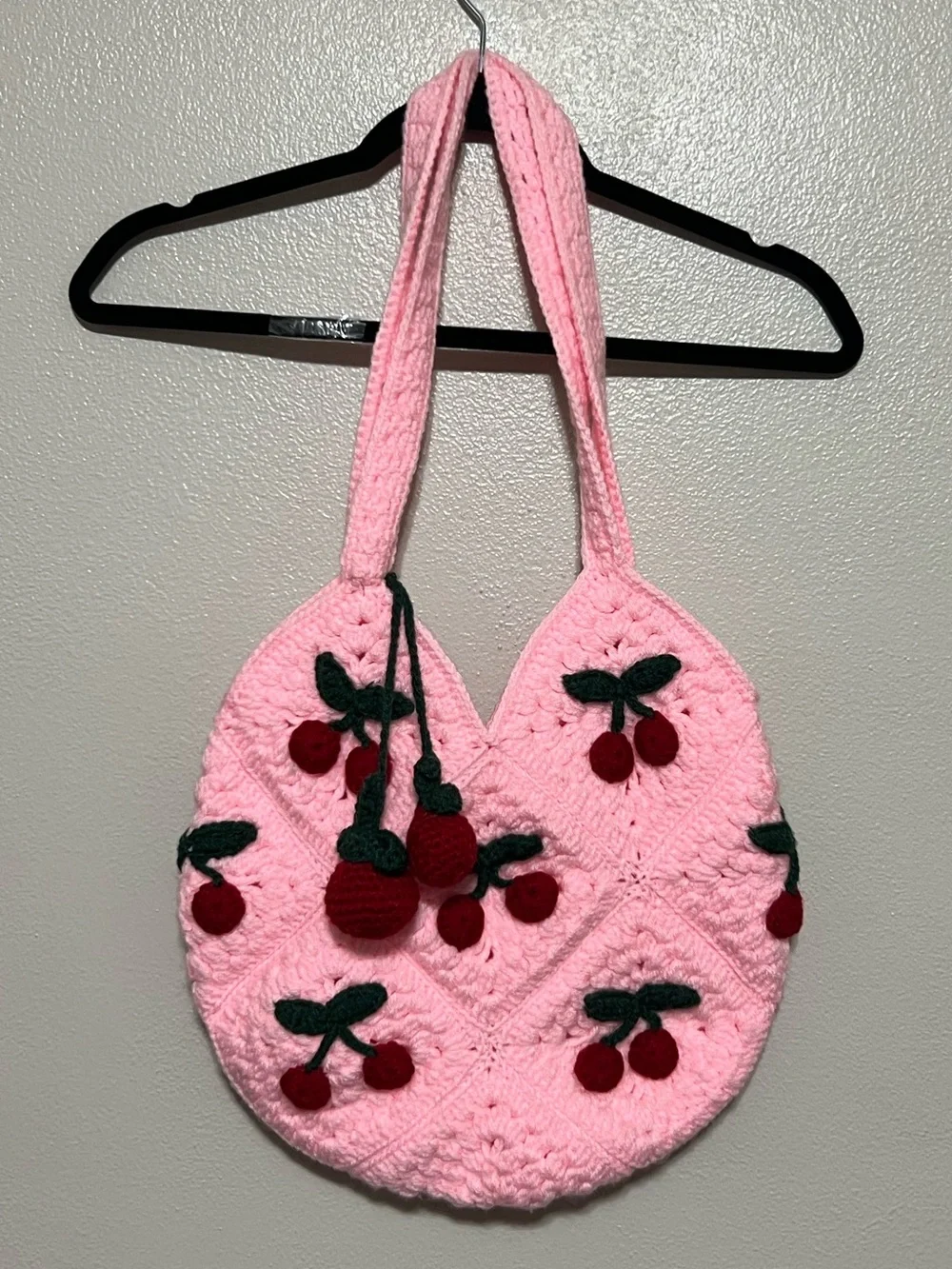 Handmade Pink Crochet Cherry Hand Bag Pom Pom’s Summer Adorable